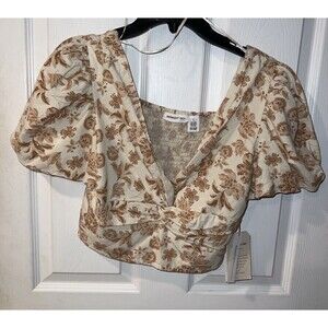 Midnight Sky Top Womens L Tan Linen Floral Crop Twist Front Smocked Peasant New
